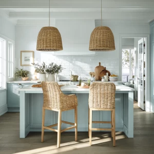 Create a serene coastal kitchen scene featuring rattan bar stool...