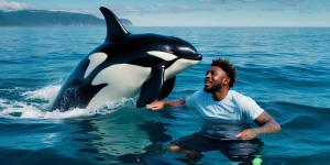 Tyler the creator swimming in the sea with an orca