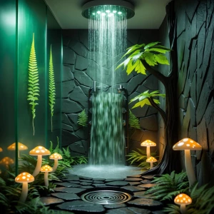 Shower 5 — Forest Veil Cascade
Green-tinted glass, fern walls, a...