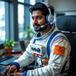 Indian guy in a call center wearing an astronaut suit