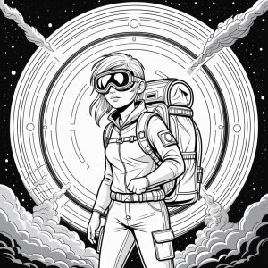 Black and white coloring page of a Quantum Quest Explorer travel...