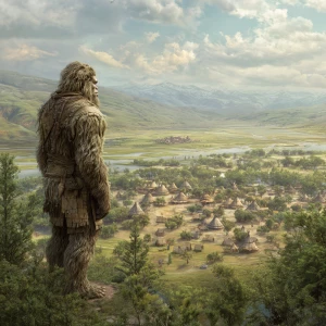 A humanoid looking haircovered manlike sasquatch stares at a Ind...