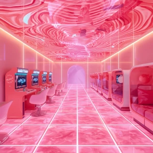 Immerse yourself in the Lake Prism Arcade, a futuristic oasis gl...