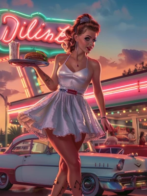 1950s retro pin-up illustration, glamorous roller-skate waitress...