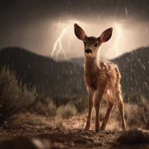 Baby fawn standing strong in storm rain, lightning illuminating...