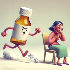 a cough bottle is running toawrds a sick person constantly cough...