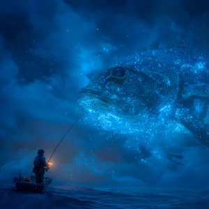 A cinematic photograph of an alien fishing in a surreal cosmic o...