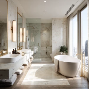 Generate an ultra-realistic image of a luxurious main bathroom l...