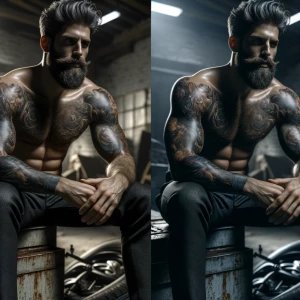 The image features a shirtless man with a beefy build and a full...