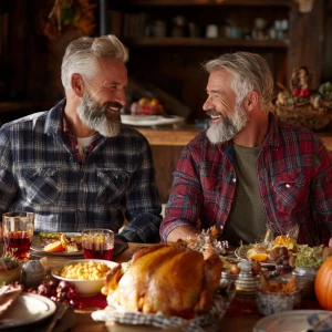Two bodybuilders men wearing blue jeans and 2 different flannel...