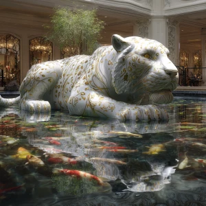 A colossal porcelain sabertooth tiger resting beneath a crystal-...
