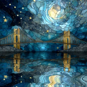 A celestial stained glass artwork depicting an illuminated bridg...