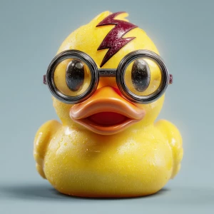 Create a whimsical 3D rubber duck with features that closely res...