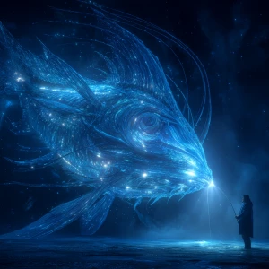 A cinematic photograph of an alien fishing in a surreal cosmic o...