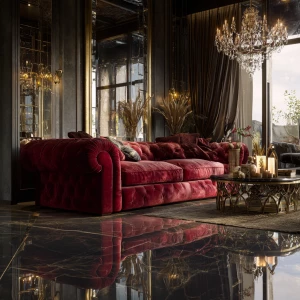 Create a luxurious glam living room featuring a deep red velvet...