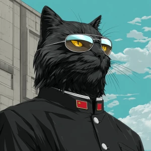 A humanoid cat character with a sleek black fur coat, wearing a...