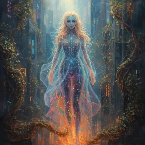 A luminous solarpunk digital ghost, shimmering with vibrant ener...