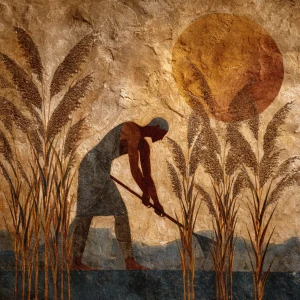 An ancient Egyptian farmer, painted in the style of a faded temp...