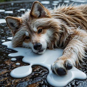 Furry drenched in white oil laying down