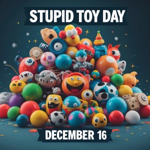 Banner states
“Stupid Toy Day
December 16”
(pile of silly, stran...