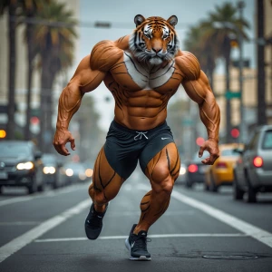 Generate an image of a muscular man-tiger hybrid wearing the lat...