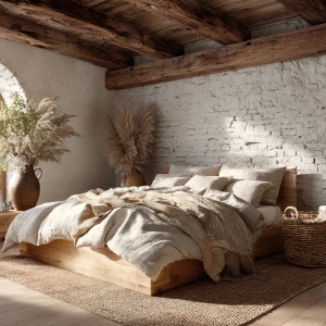 High-resolution photograph of a natural textures bedroom, full-r...