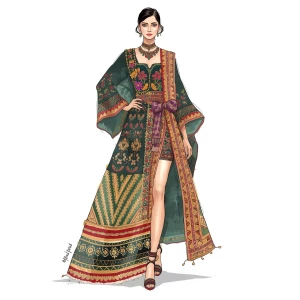 Generate a fashion sketch depicting a model showcasing an elegan...