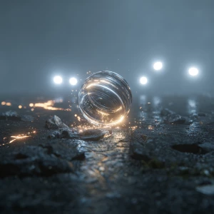 rain-slick pavement lies a mysterious spherical device, spinning...