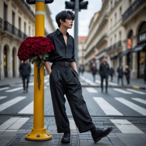 Generate a hyper-realistic street-style photograph of a young pe...