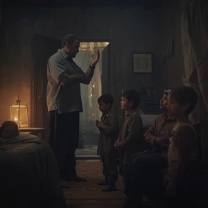 A deeply emotional, faith-inspired cinematic scene inside a mode...