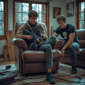 Fais une image où woldu qui allongé sur le fauteuil qui joue a t...