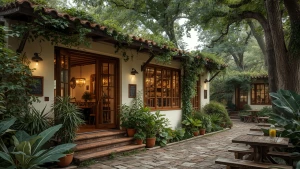 A cozy modern café surrounded by lush greenery, with cream-color...