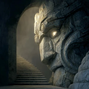 Concept art. A colossal stone golem, intricately carved with anc...