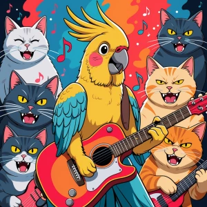 In an anime style, visualize a joyful and playful cockatiel parr...