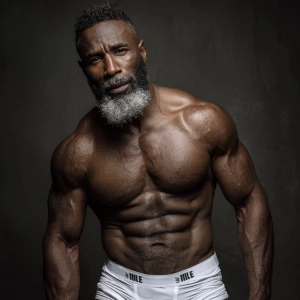 Generate an image of a confident, white muscular black-gray man...