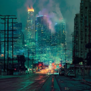 Generator image of Los Angeles downtown by the future cyberpunk...