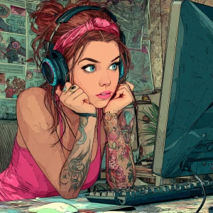 Generate an image of a supermodel woman with red hair and blue e...