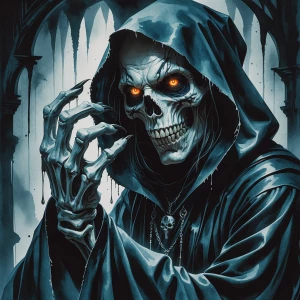 A nightmarish macabre enchanter, his skeletal fingers dripping w...