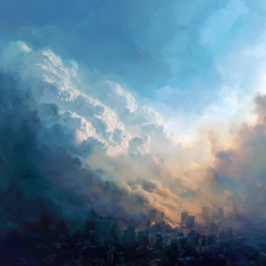 I angle in the far back ground lots of smoke and clouds fill the...