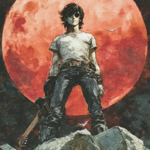 dramatic, high-contrast illustration in gritty 1990s seinen mang...