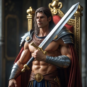 Create an image of a royal prince with long hair and muscular ph...