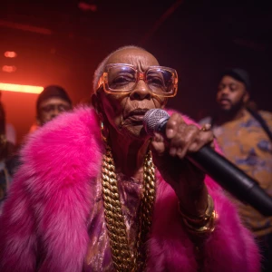 An elderly yong on a rap battle stage, holding a microphone. She...