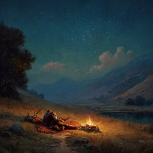 A weary medieval traveler rests beside a small campfire under a...