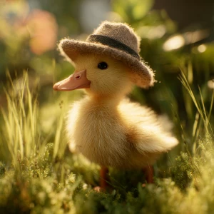A yellow feathered baby call duck ( short bill) wearing a hat ge...