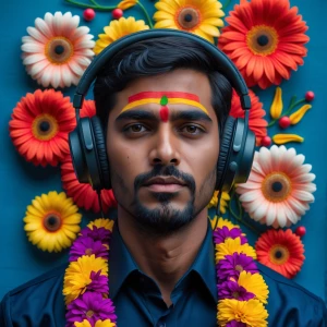 Indian Man wearing headphone and his head blast with the music t...