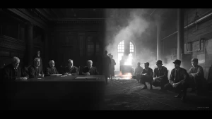 A dramatic, thought-provoking composition showing a courtroom in...