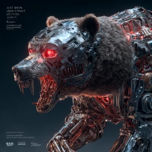 "A grizzly bear made entirely of T-800 robotic components, chrom...