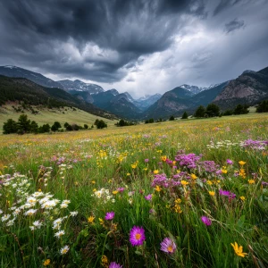 Create a cinematic wide shot of Rocky Mountain National Park dur...