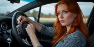 Promiscuous beautiful redhead grabbing a shift knob