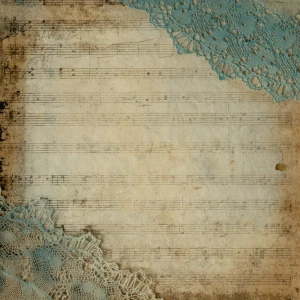 Aged music sheets overlapped with lace/doily corners; pale teal...